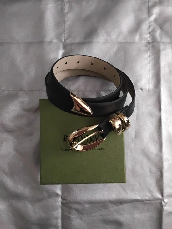 Women's Black Leather Belt with Gold Buckle - Picture 2 of 5